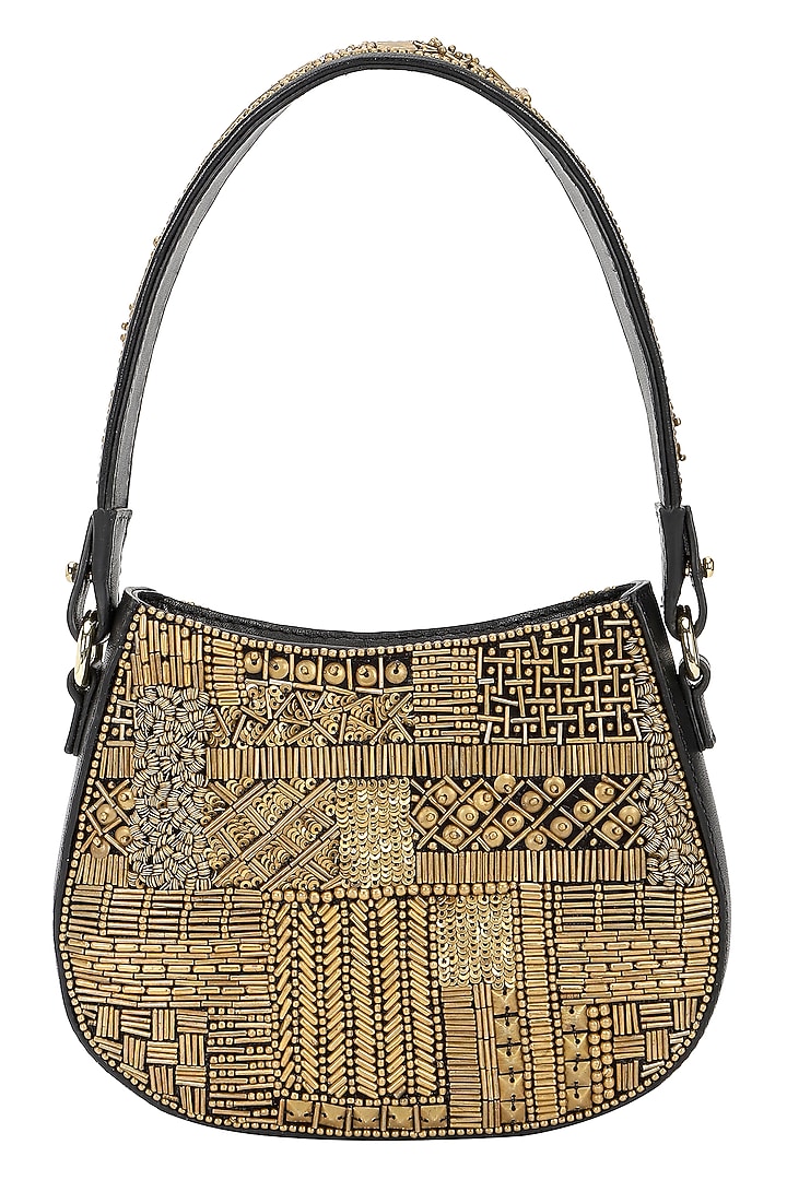 Black & Gold Leather Hand Embroidered Shoulder Bag by The Leather Garden at Pernia's Pop Up Shop