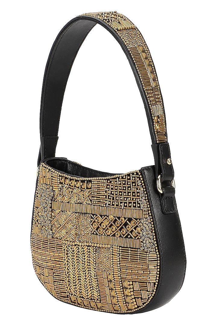 Black & Gold Leather Hand Embroidered Shoulder Bag by The Leather Garden at Pernia's Pop Up Shop