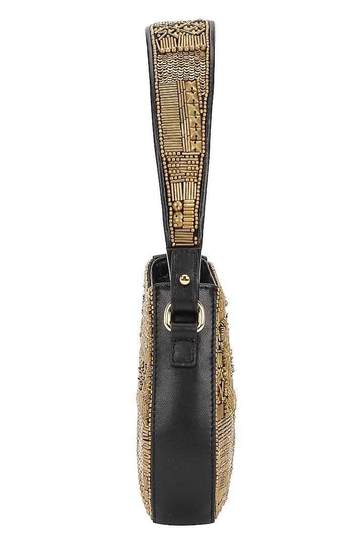 Black & Gold Leather Hand Embroidered Shoulder Bag by The Leather Garden at Pernia's Pop Up Shop