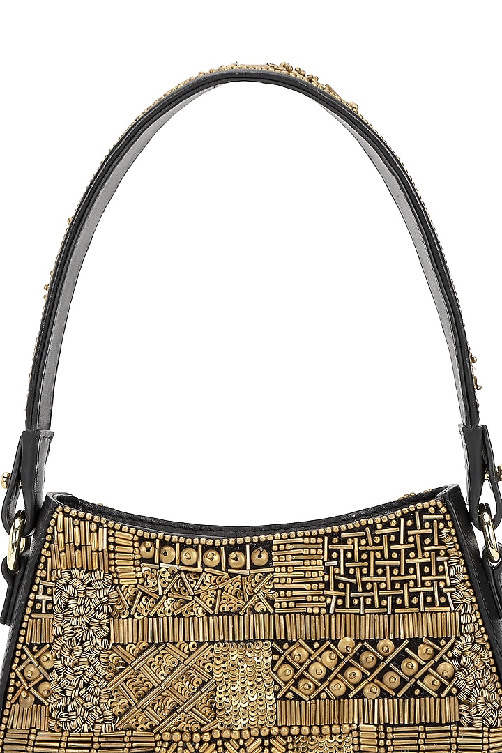 Black & Gold Leather Hand Embroidered Shoulder Bag by The Leather Garden at Pernia's Pop Up Shop