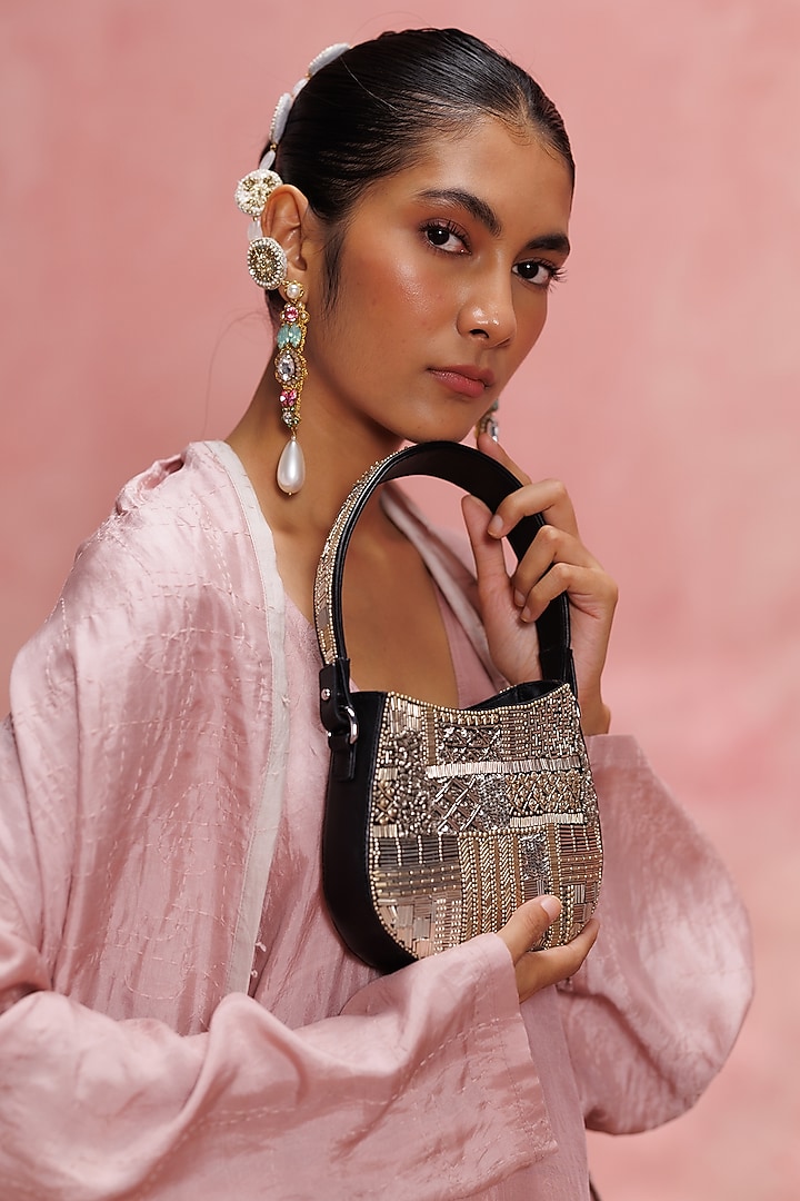 Black & Silver Leather Hand Embroidered Shoulder Bag by The Leather Garden at Pernia's Pop Up Shop