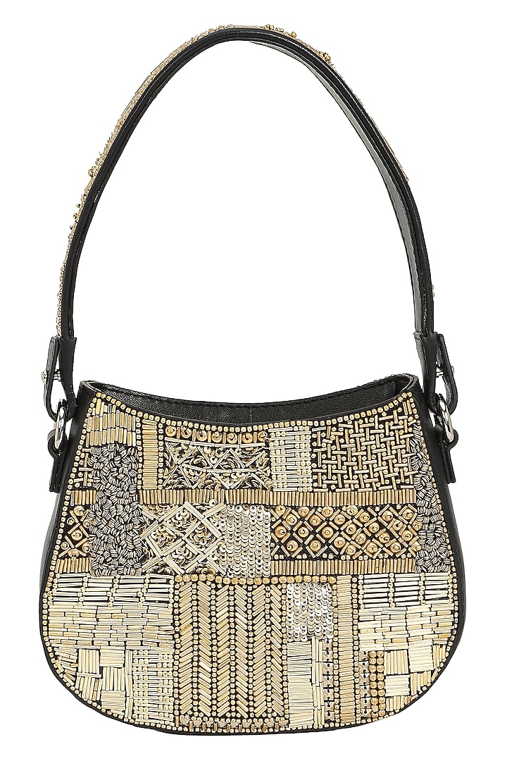 Black & Silver Leather Hand Embroidered Shoulder Bag by The Leather Garden at Pernia's Pop Up Shop