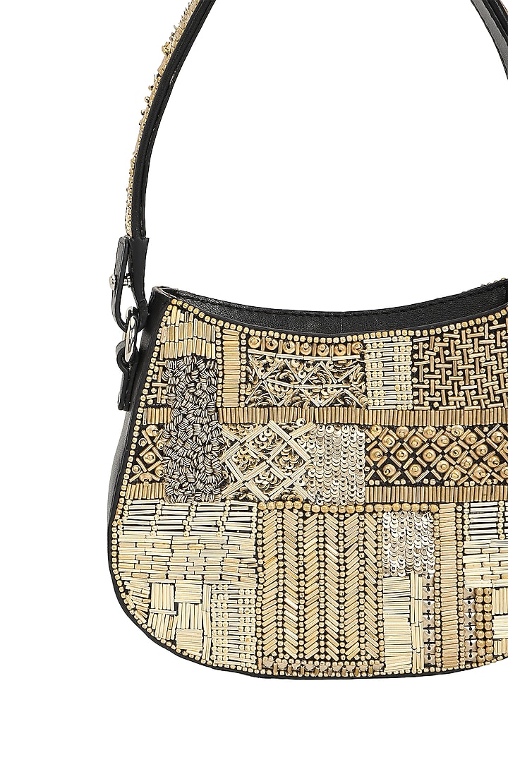 Black & Silver Leather Hand Embroidered Shoulder Bag by The Leather Garden at Pernia's Pop Up Shop
