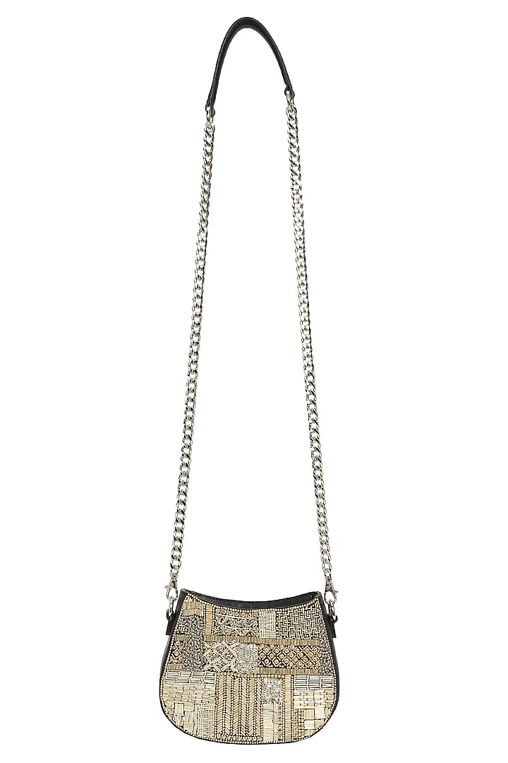 Black & Silver Leather Hand Embroidered Shoulder Bag by The Leather Garden at Pernia's Pop Up Shop