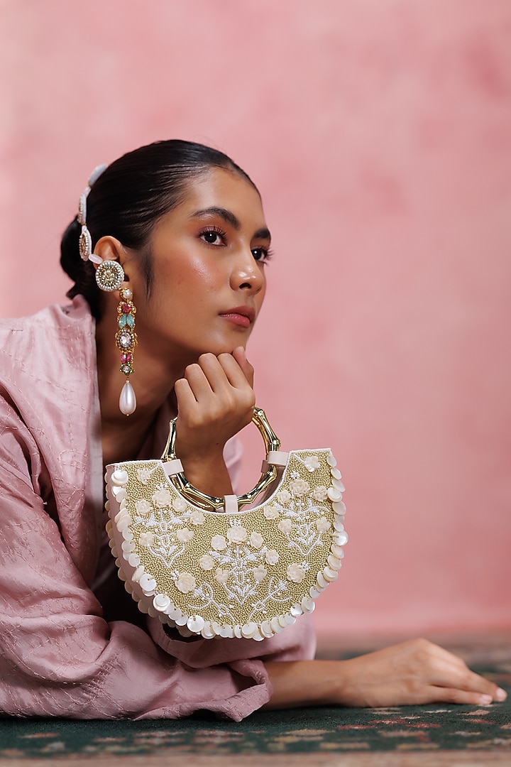 Ivory Leather Beadwork Half-Moon Clutch by The Leather Garden at Pernia's Pop Up Shop