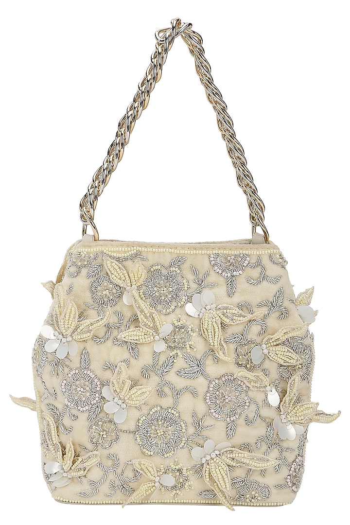 Ivory Leather Floral Embroidered Potli by The Leather Garden at Pernia's Pop Up Shop