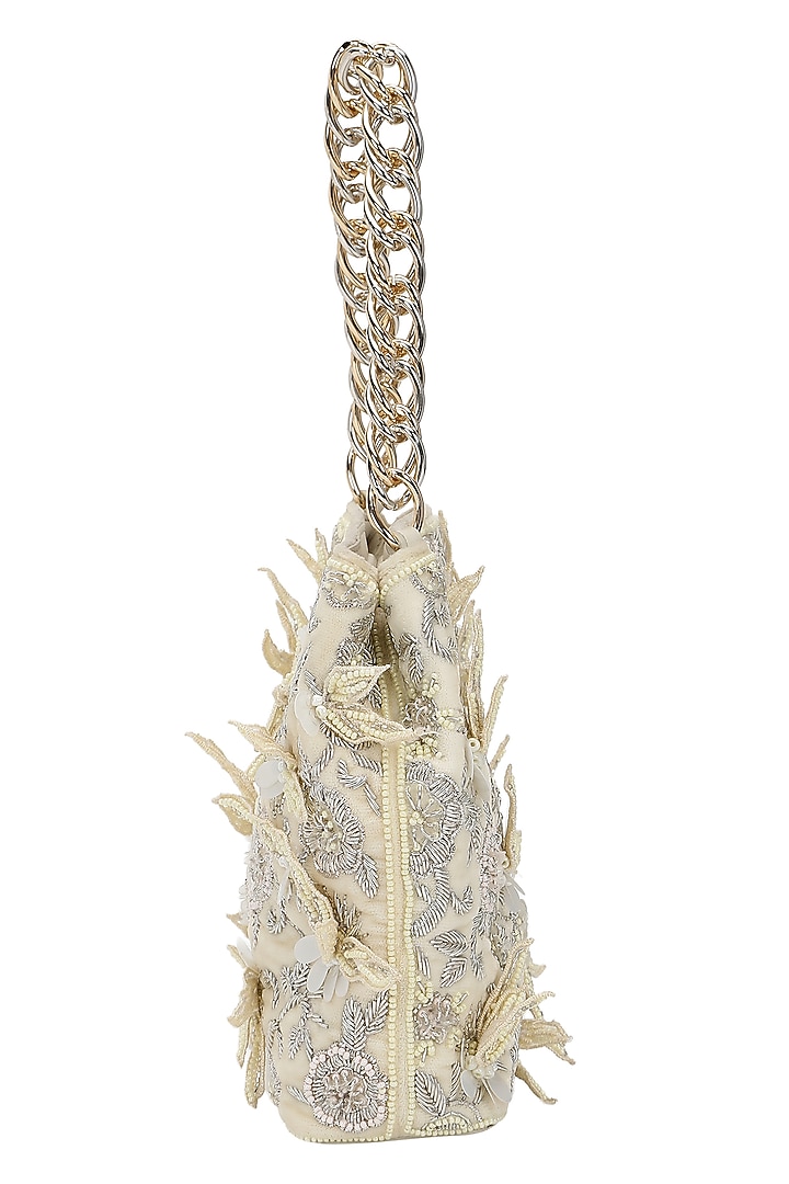 Ivory Leather Floral Embroidered Potli by The Leather Garden at Pernia's Pop Up Shop