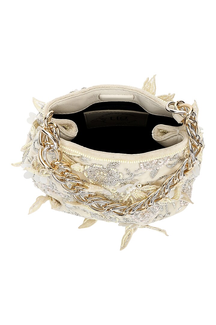 Ivory Leather Floral Embroidered Potli by The Leather Garden at Pernia's Pop Up Shop