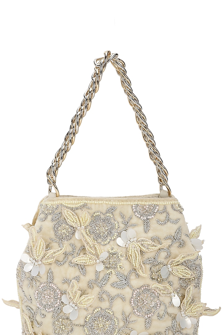 Ivory Leather Floral Embroidered Potli by The Leather Garden at Pernia's Pop Up Shop