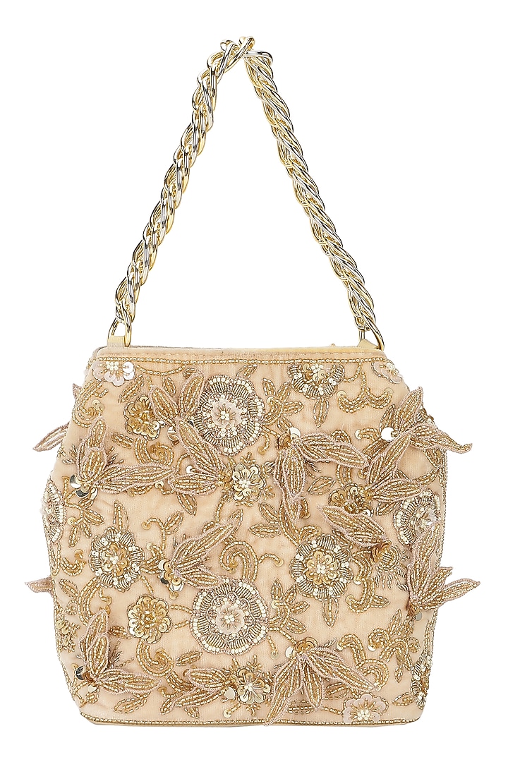 Gold Leather Floral Embroidered Potli by The Leather Garden at Pernia's Pop Up Shop
