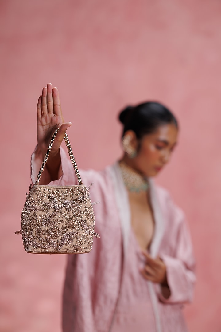 Blush Leather Floral Embroidered Potli by The Leather Garden at Pernia's Pop Up Shop