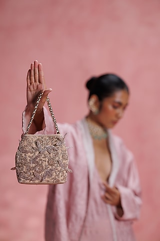 Blush Leather Floral Embroidered Potli by The Leather Garden