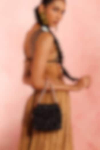 Black Leather Floral Embroidered Potli by The Leather Garden at Pernia's Pop Up Shop