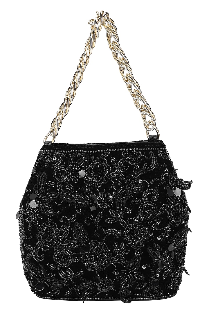 Black Leather Floral Embroidered Potli by The Leather Garden at Pernia's Pop Up Shop