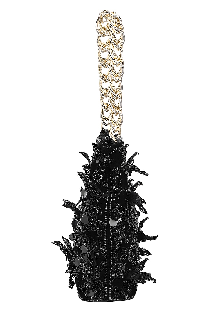 Black Leather Floral Embroidered Potli by The Leather Garden at Pernia's Pop Up Shop