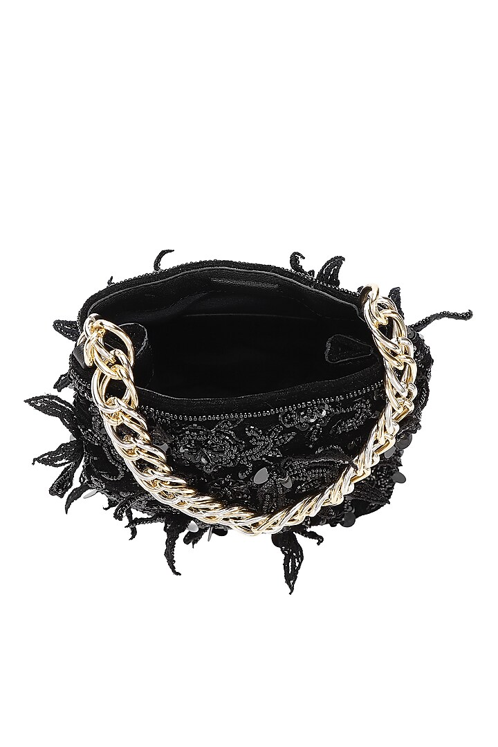 Black Leather Floral Embroidered Potli by The Leather Garden at Pernia's Pop Up Shop