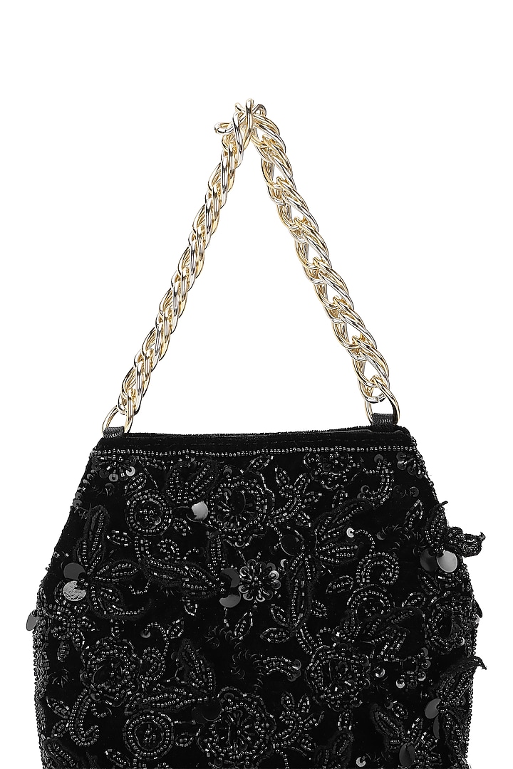Black Leather Floral Embroidered Potli by The Leather Garden at Pernia's Pop Up Shop