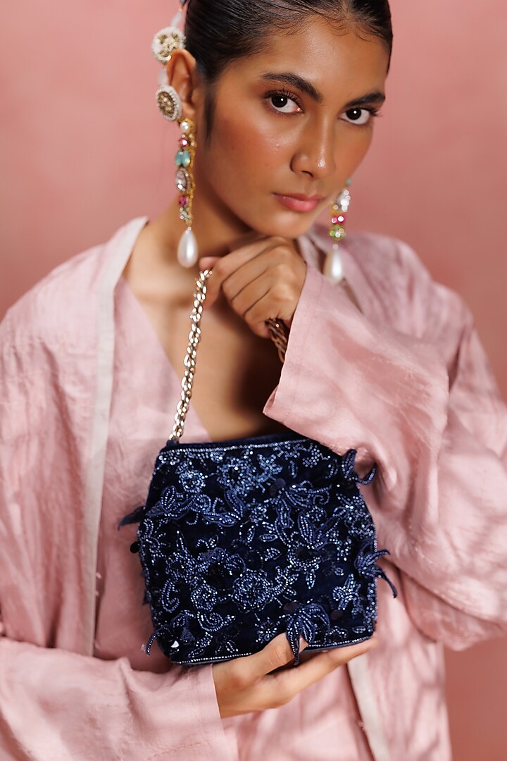 Blue Leather Floral Embroidered Potli by The Leather Garden at Pernia's Pop Up Shop