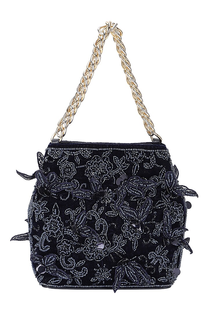 Blue Leather Floral Embroidered Potli by The Leather Garden at Pernia's Pop Up Shop