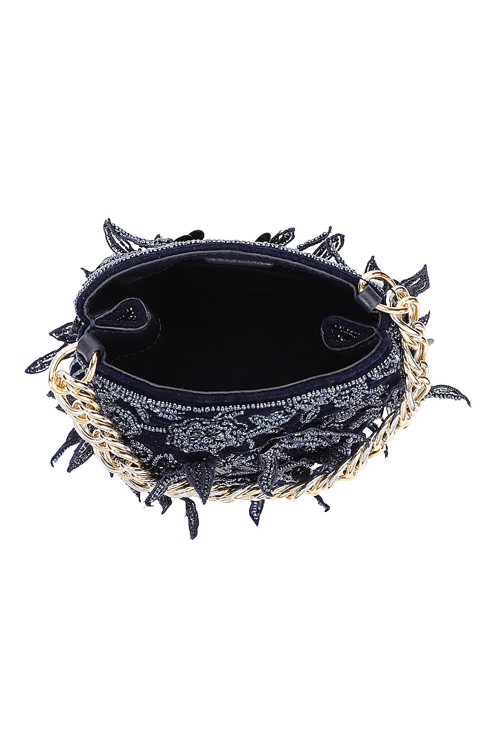 Blue Leather Floral Embroidered Potli by The Leather Garden at Pernia's Pop Up Shop