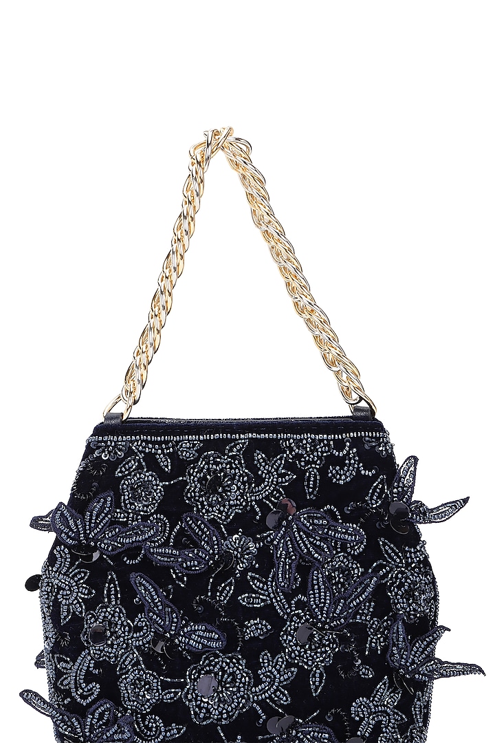 Blue Leather Floral Embroidered Potli by The Leather Garden at Pernia's Pop Up Shop