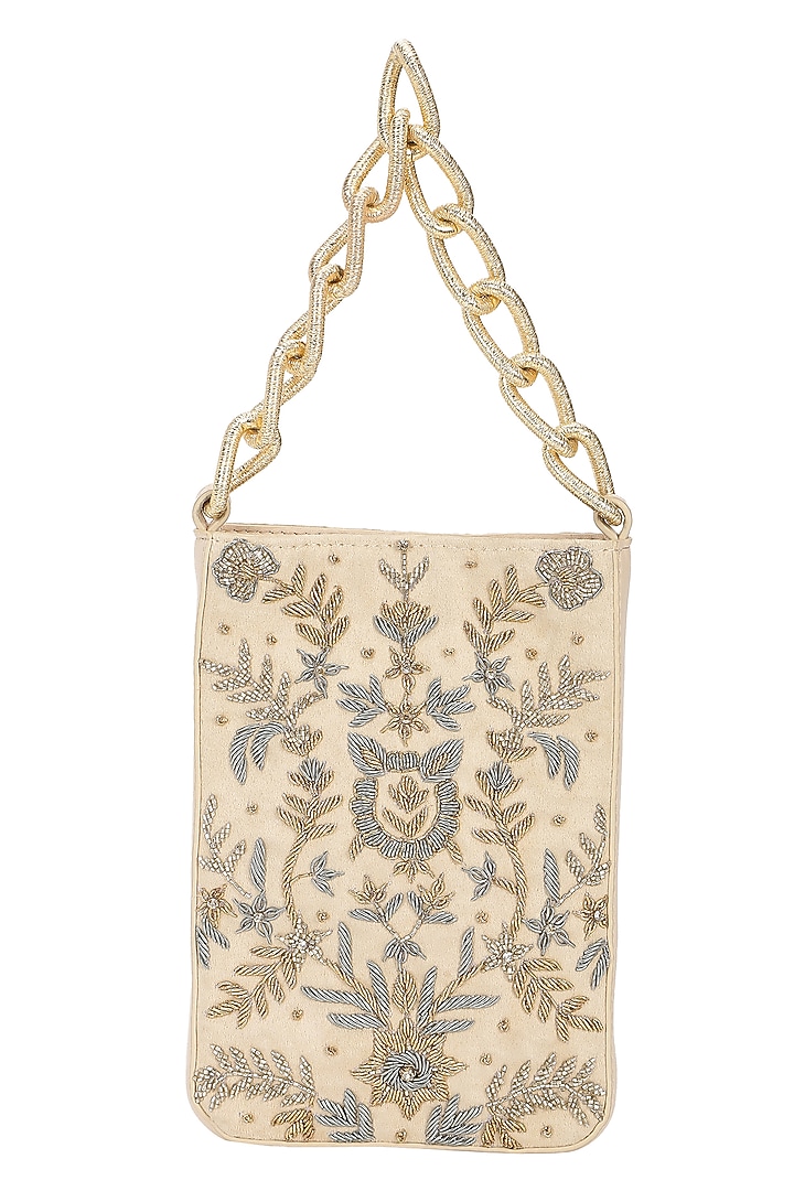 Beige Leather Dabka Embroidered Potli by The Leather Garden at Pernia's Pop Up Shop