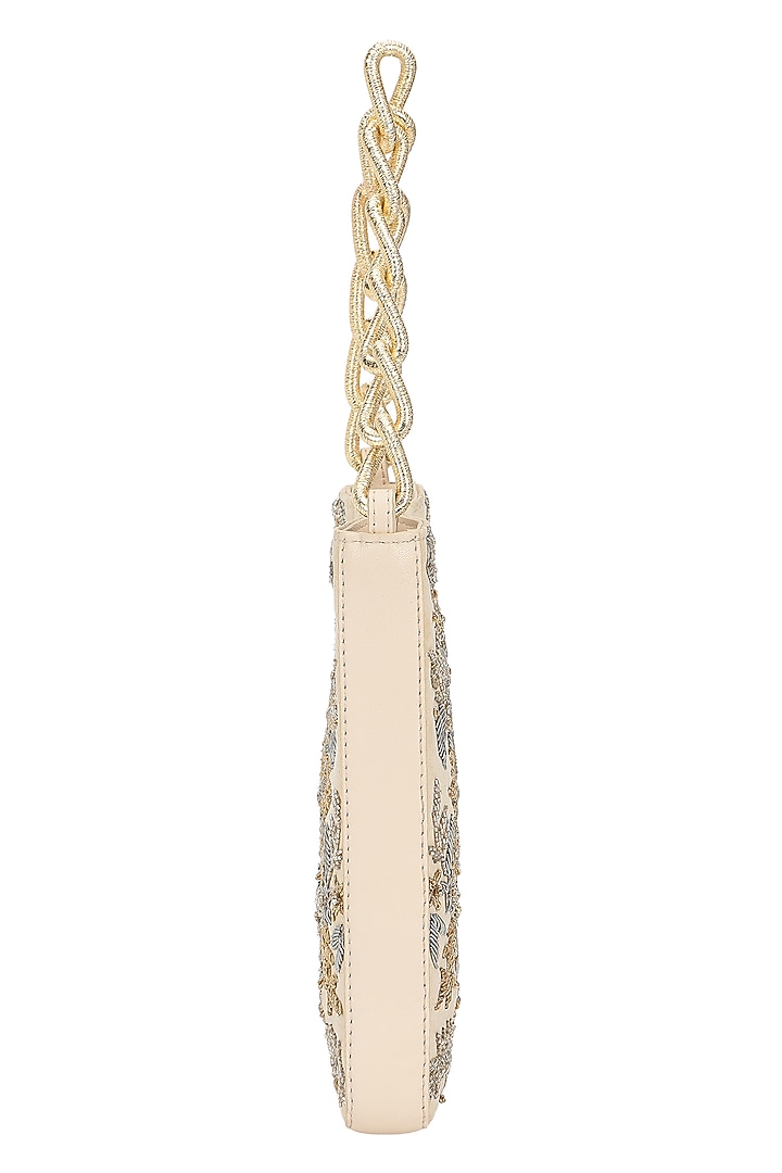 Beige Leather Dabka Embroidered Potli by The Leather Garden at Pernia's Pop Up Shop