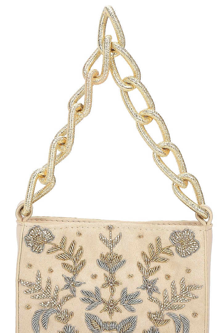 Beige Leather Dabka Embroidered Potli by The Leather Garden at Pernia's Pop Up Shop