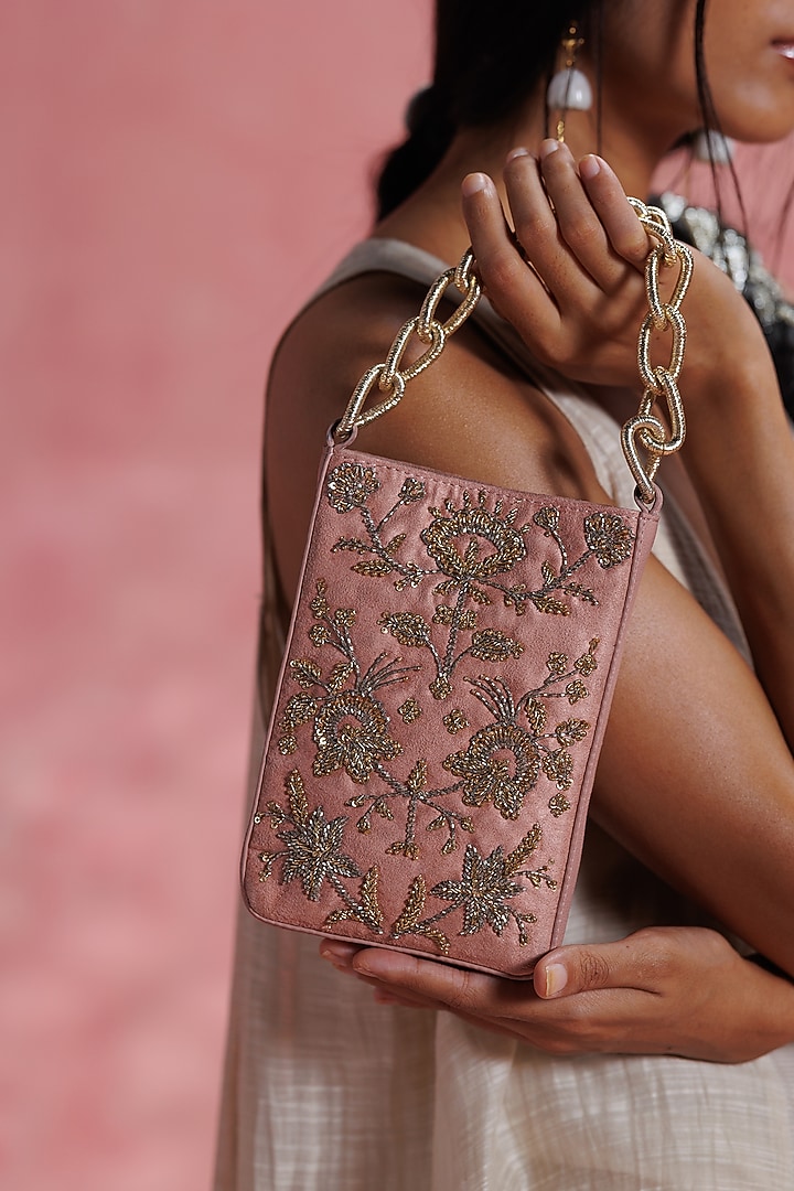 Blush Leather Dabka Embroidered Potli by The Leather Garden at Pernia's Pop Up Shop