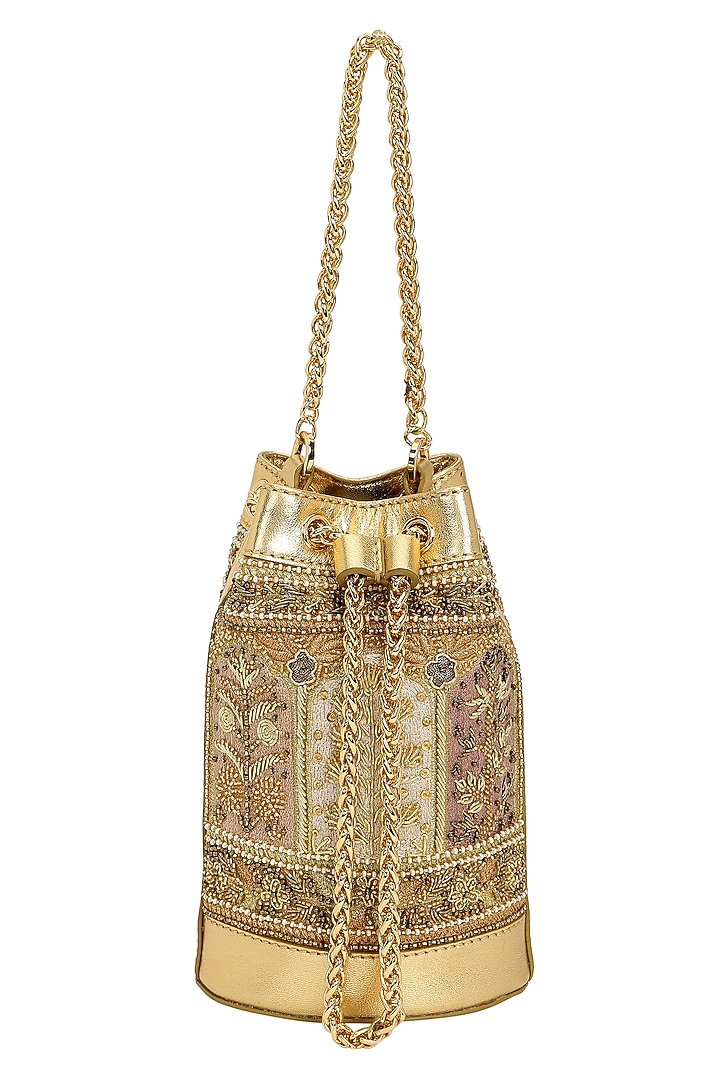 Gold Leather Zari Embroidered Potli by The Leather Garden at Pernia's Pop Up Shop