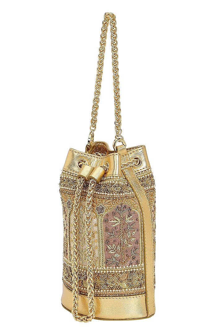 Gold Leather Zari Embroidered Potli by The Leather Garden at Pernia's Pop Up Shop