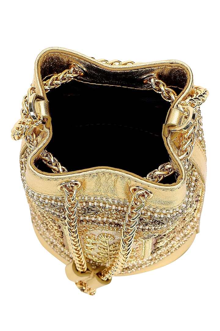 Gold Leather Zari Embroidered Potli by The Leather Garden at Pernia's Pop Up Shop