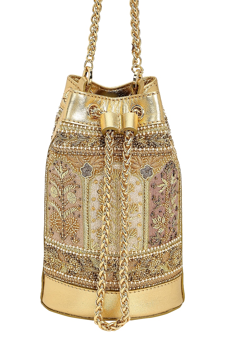 Gold Leather Zari Embroidered Potli by The Leather Garden at Pernia's Pop Up Shop