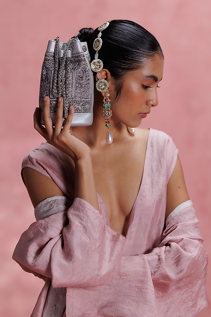 Silver Leather Zari Embroidered Potli by The Leather Garden at Pernia's Pop Up Shop