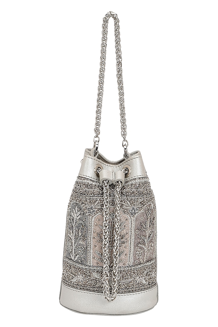 Silver Leather Zari Embroidered Potli by The Leather Garden at Pernia's Pop Up Shop