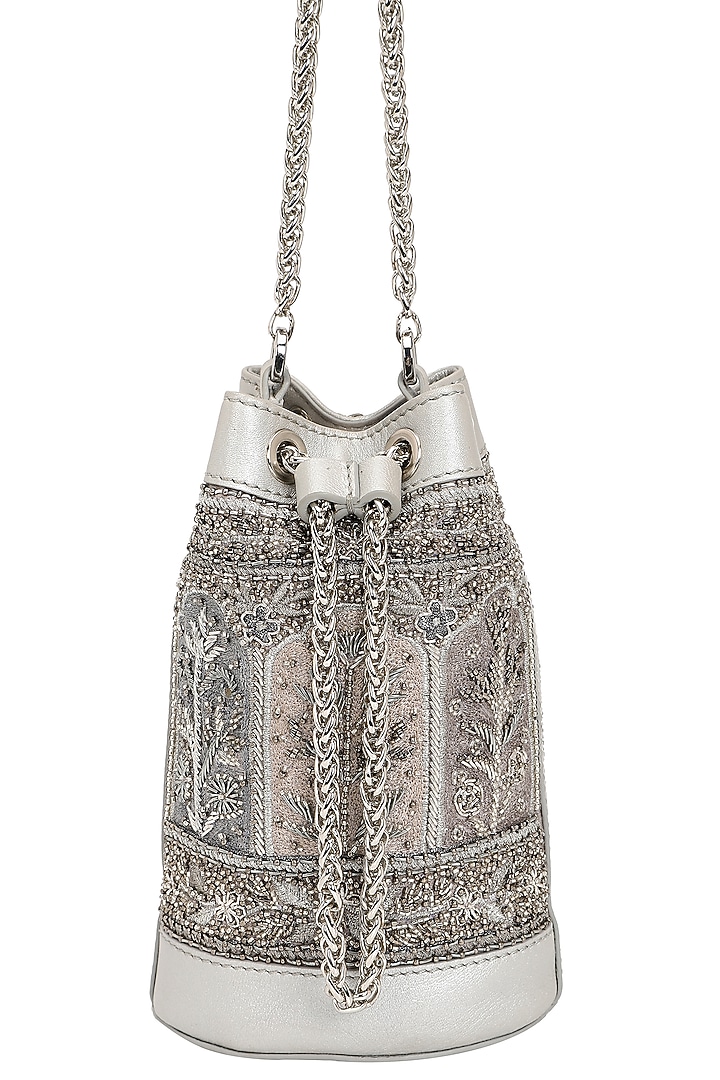 Silver Leather Zari Embroidered Potli by The Leather Garden at Pernia's Pop Up Shop