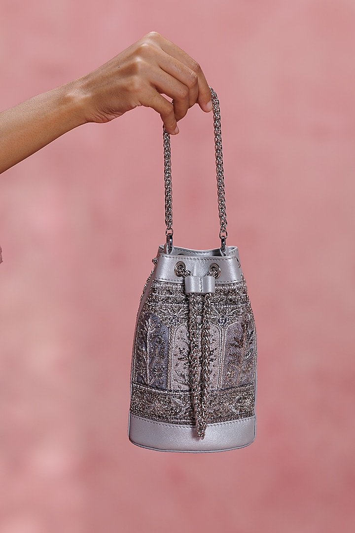 Silver Leather Zari Embroidered Potli by The Leather Garden at Pernia's Pop Up Shop