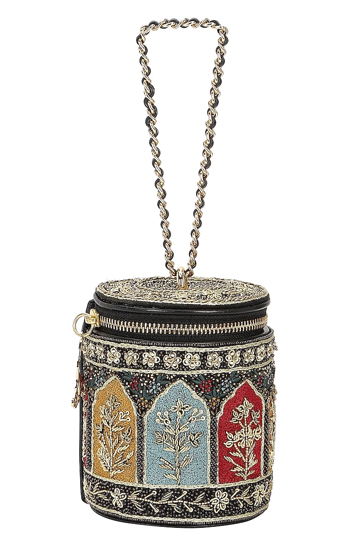 Black Leather Zari Embroidered Potli by The Leather Garden at Pernia's Pop Up Shop