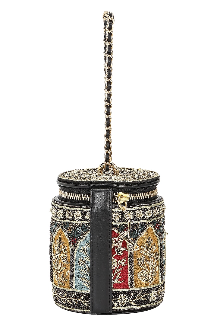 Black Leather Zari Embroidered Potli by The Leather Garden at Pernia's Pop Up Shop