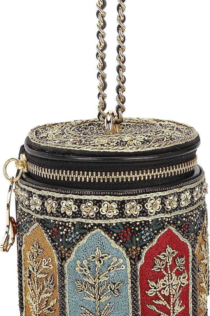 Black Leather Zari Embroidered Potli by The Leather Garden at Pernia's Pop Up Shop