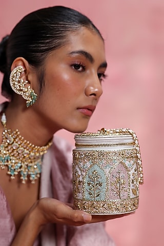 Ivory Leather Zari Embroidered Potli by The Leather Garden