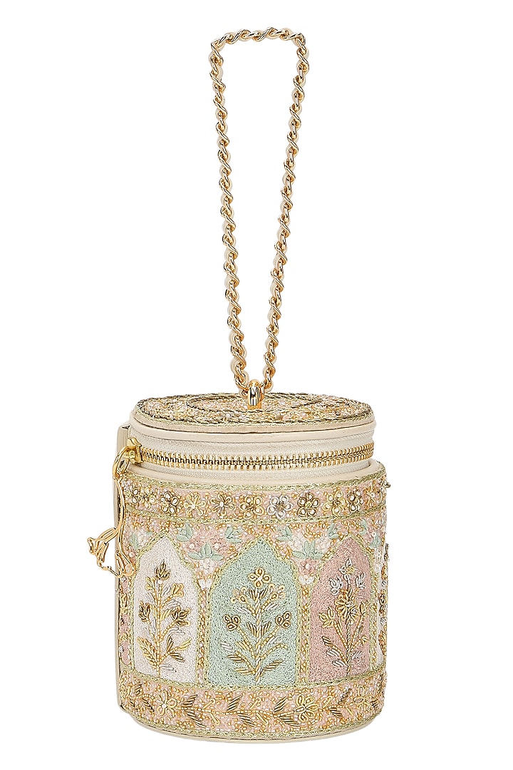 Ivory Leather Zari Embroidered Potli by The Leather Garden at Pernia's Pop Up Shop