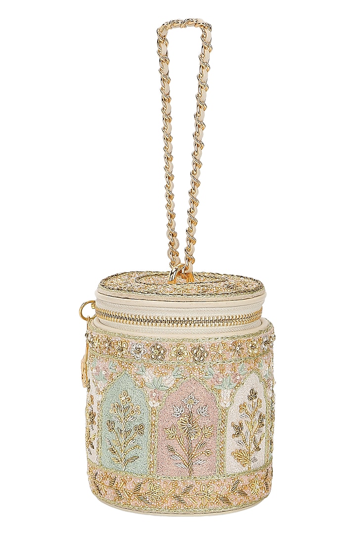 Ivory Leather Zari Embroidered Potli by The Leather Garden at Pernia's Pop Up Shop