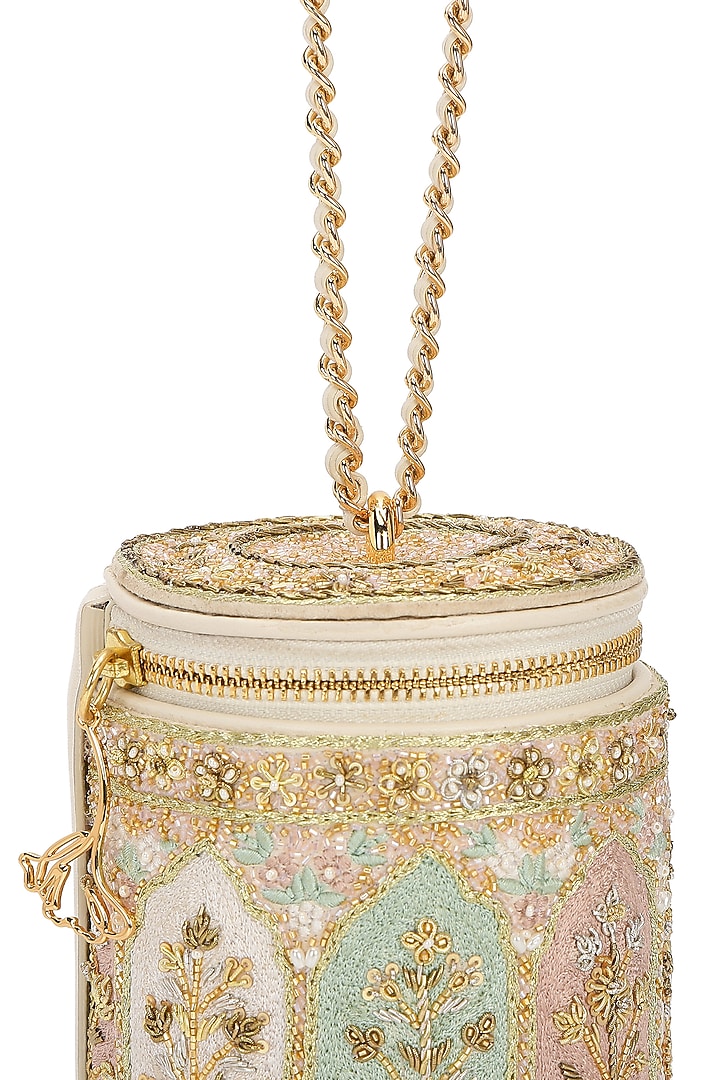 Ivory Leather Zari Embroidered Potli by The Leather Garden at Pernia's Pop Up Shop