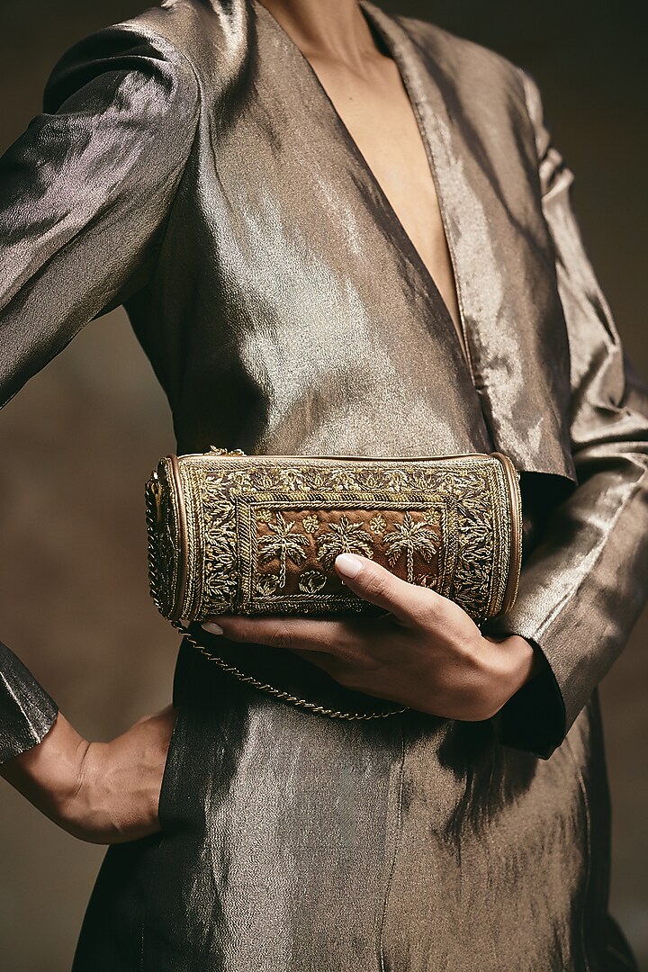 Bronze Leather Hand Embroidered Cylindrical Clutch by The Leather Garden at Pernia's Pop Up Shop