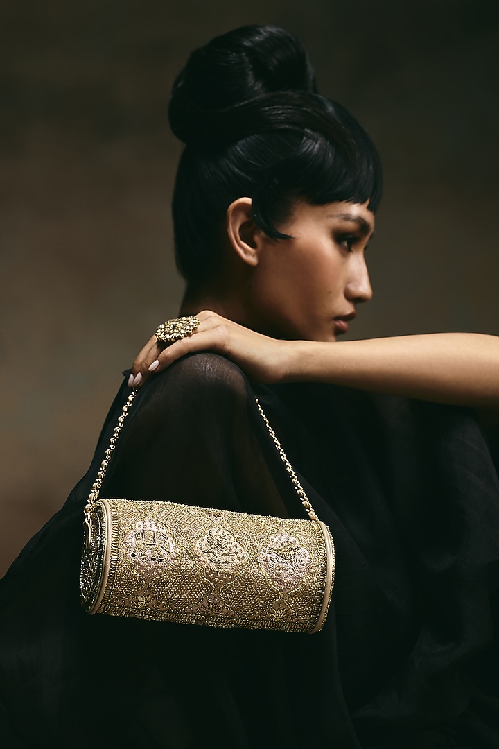 Nude Leather Hand Embroidered Cylindrical Clutch by The Leather Garden at Pernia's Pop Up Shop