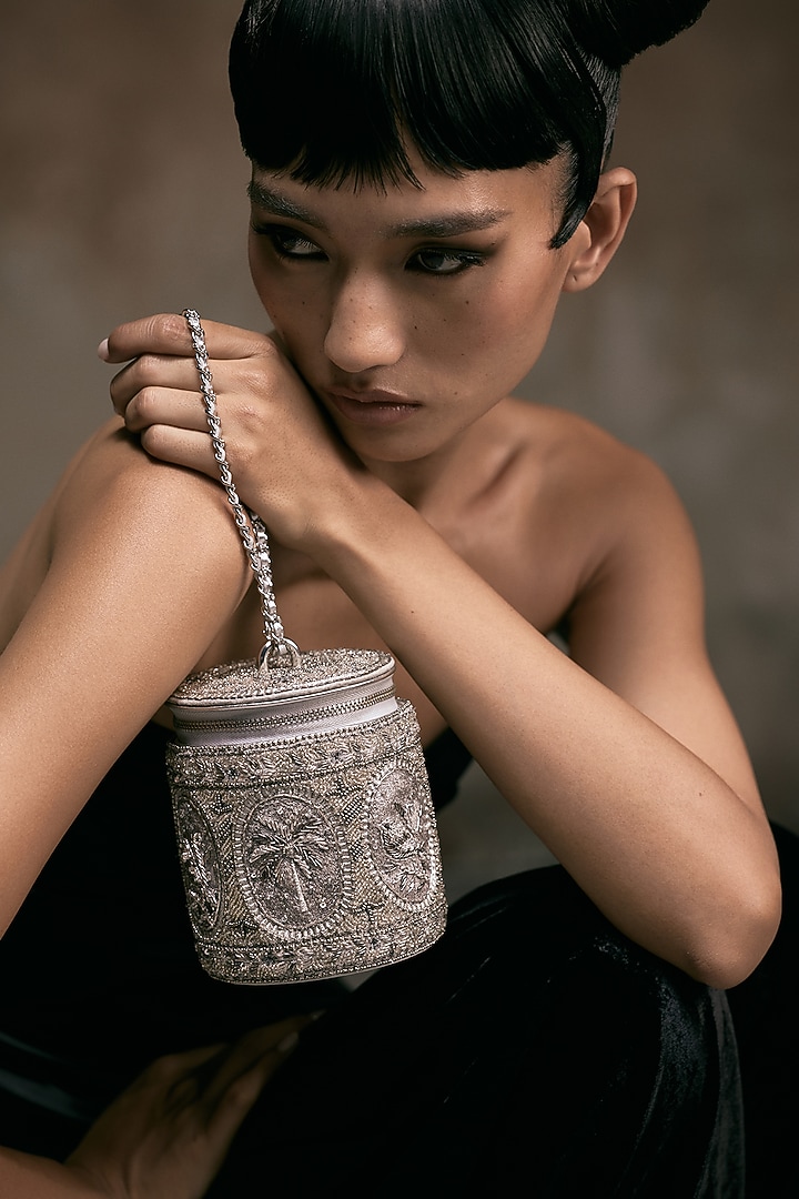 Silver Leather Hand Embroidered Potli by The Leather Garden at Pernia's Pop Up Shop