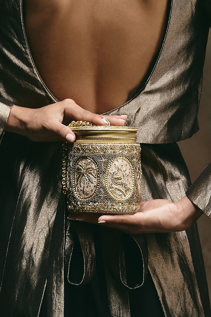 Gold Leather Hand Embroidered Potli by The Leather Garden at Pernia's Pop Up Shop