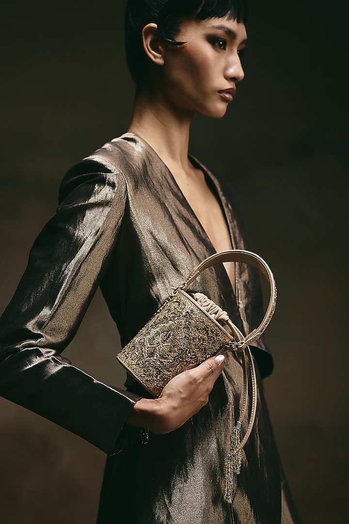 Beige & Gold Leather Hand Embroidered Bucket-Shaped Potli by The Leather Garden at Pernia's Pop Up Shop