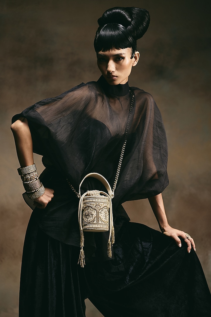 Ivory & Gold Leather Embroidered Bucket-Shaped Potli by The Leather Garden at Pernia's Pop Up Shop